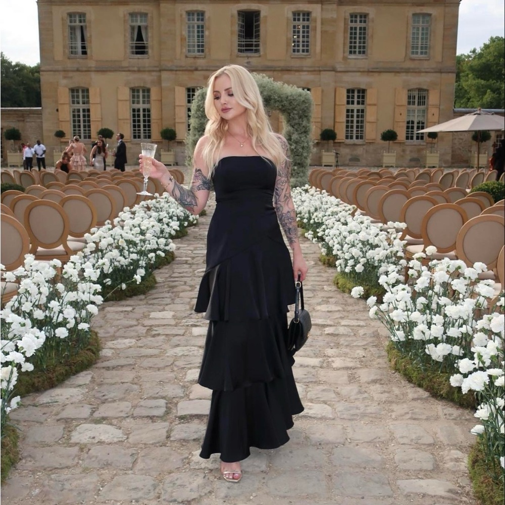 Blissfully Beautiful Black Satin Strapless Tiered Maxi Dress